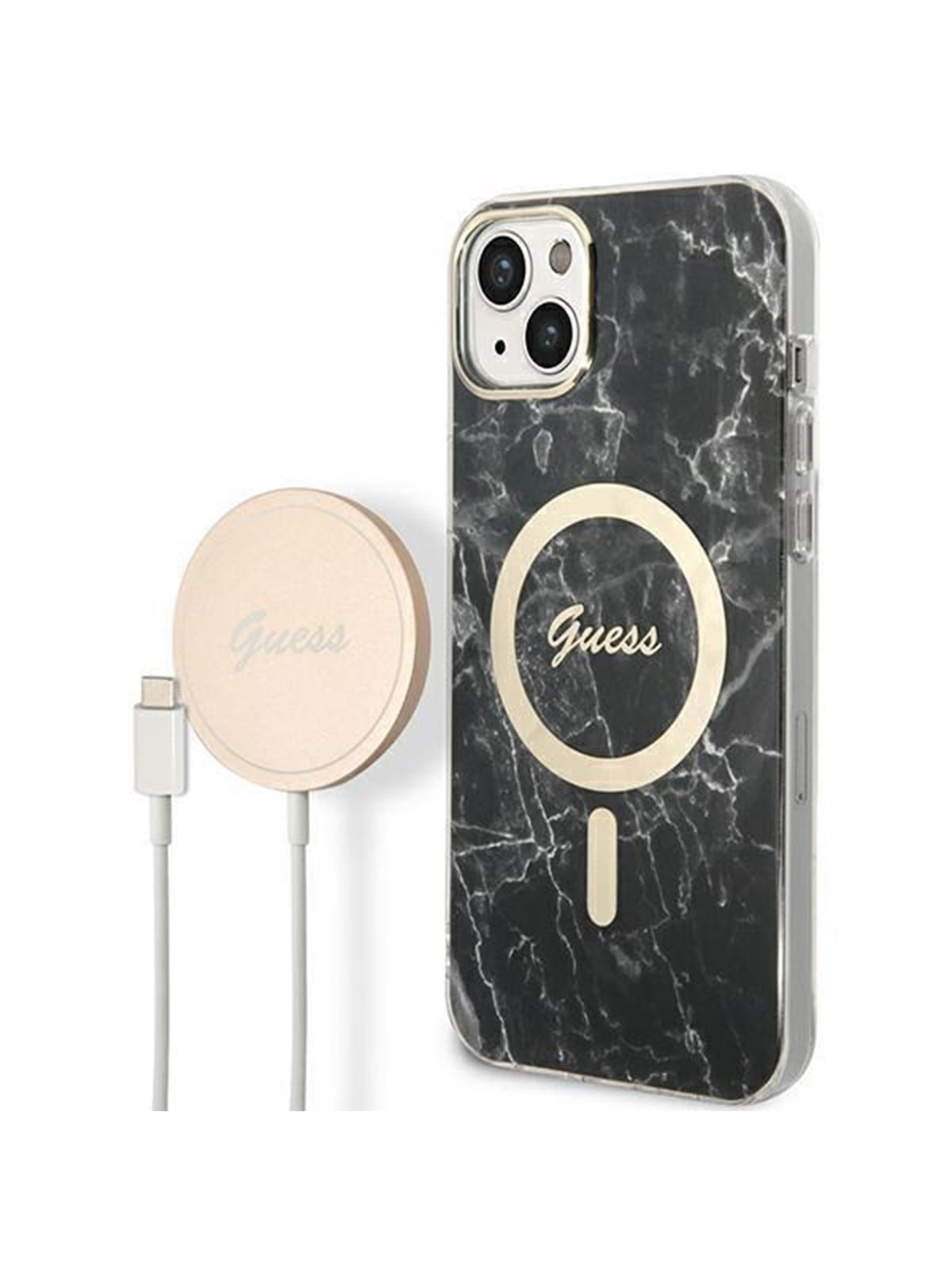 GUESS GUBPP14SHMEACSK Case+ Charger iPhone 14 6.1" black/black hard case Marble MagSafe