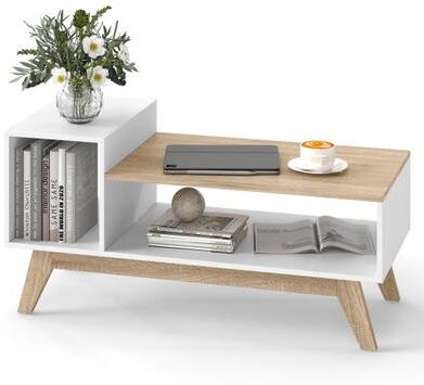 Costway 43 Inch Coffee Table with Stepped Tabletop and Storage Compartments-White