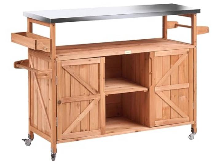 Beliani Outdoor Kücheninsel Tannenholz Edelstahl Hellbraun Rollen 128x47x85 cm Scanno