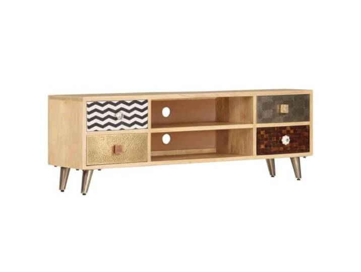Roanoer TV Lowboard Massivholz Mango TV-Schrank 120x30x40 cm Rustikales Lowboard aus Mangoholz mit Stahlbeinen, 4 Schubladen und 2 Fächern für Wohnzimmer und Fernsehecke.
