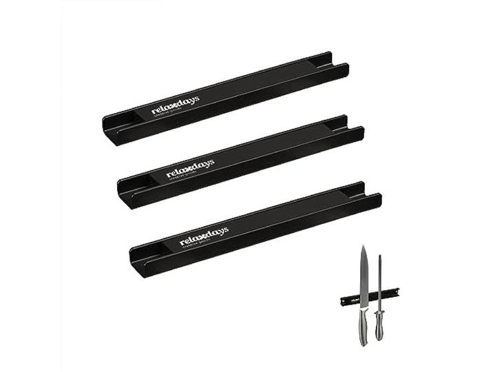 Relaxdays Barre magnétique\, Lot de 3\, Porte-ustensiles\, Outils\, 20 cm de Long\, Range-Couteaux\, Montage Mural\, Noir
