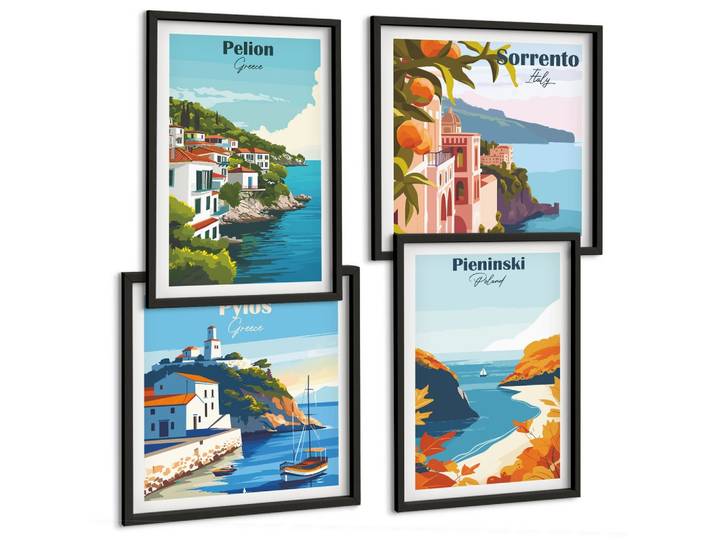 BILDER SET 4er Set - 50x50 cm & 40x60 cm Schwarzer Rahmen - Retro-Landschaften im malerischen Stil