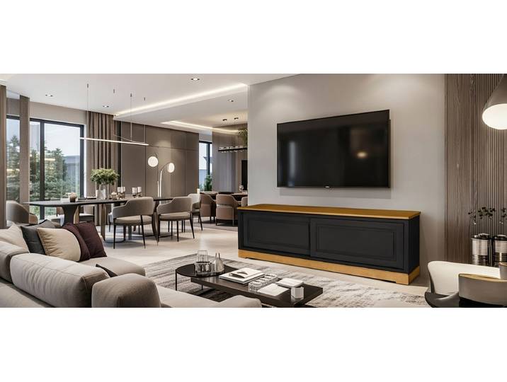Meuble TV lisse Pin massif brossé Noir/Noir/Pin marron 166cm