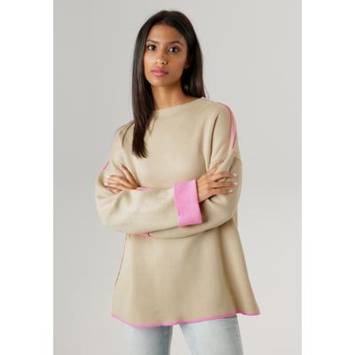 Strickpullover ANISTON SELECTED, Damen, Gr. 42, beige (beige, rosa), Feinstrick, Obermaterial: 100% Polyacryl, unifarben mit Farbeinsätzen, oversize hüftbedeckend, U-Boot-Ausschnitt, Umschlagsaum kontrastfarben, Pullover Strickpullover, mit...