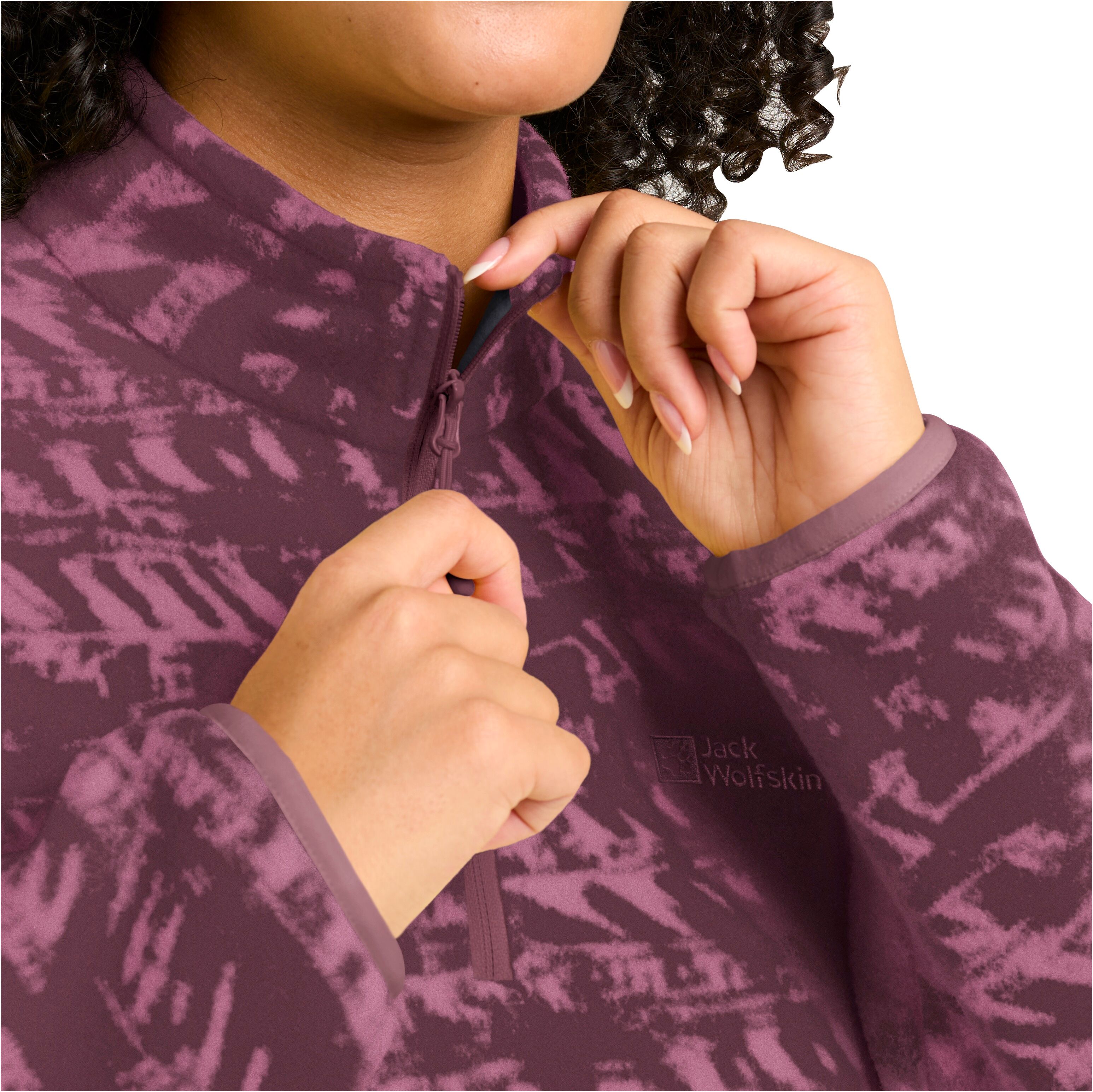 Strickfleece-Pullover JACK WOLFSKIN, Damen, Gr. M, lila (raisin), Obermaterial: 100% Polyester, Pullover Strickfleece-Pullover, mit All-Over-Print, aus 200er Fleece raisin M