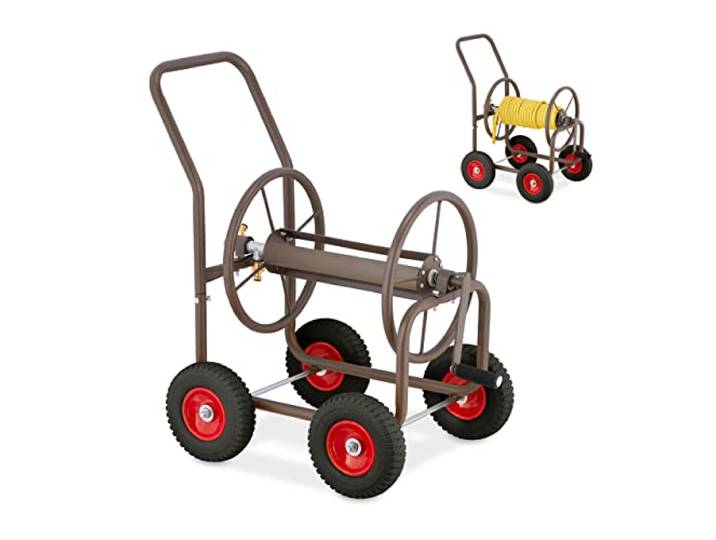 Relaxdays Schlauchwagen, bis 60 m, 4 Vollgummireifen, Klickkupplung, Schlauchtrommel Metall, Schlauchabroller, braun