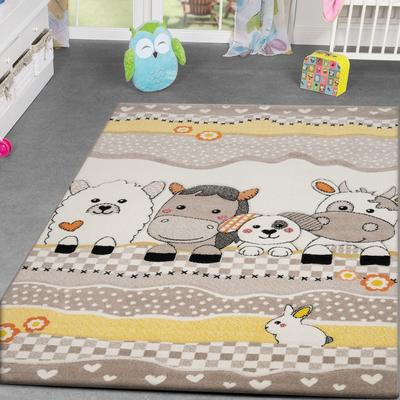 Paco Home Kids Rug Patchwork Look Charming Farm Animals in Beige Cream