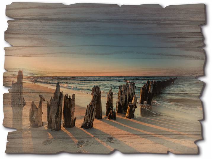 Holzbild ARTLAND Sonnenuntergang Strand Wellenbrecher , braun (farbe bild(er): braun), B:40cm H:30cm, Bilder, Holzbild