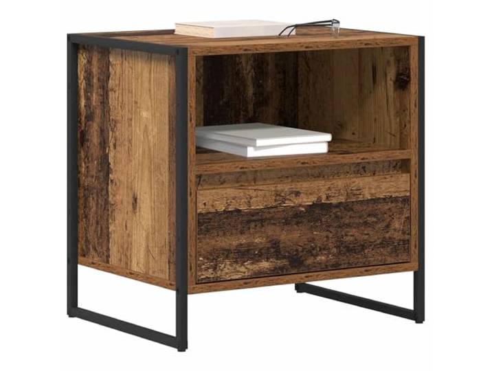 KTHLBRH Nachttisch mit Schublade, 2 Stück, altes Holz, 50 x 39,5 x 50 cm Industrieller Stil, mehrschichtige Struktur, Stahlbeine, 2 Schubladen, pflegeleicht