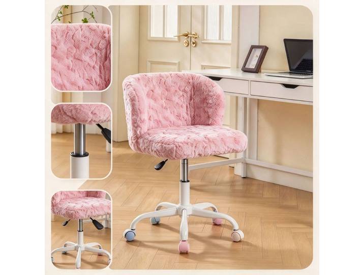 URTR Chaise de bureau pivotant 360° - Fauteuil en peluche 55×57×81cm - Hauteur réglable - Roulettes silencieuses - Base métal - Rose