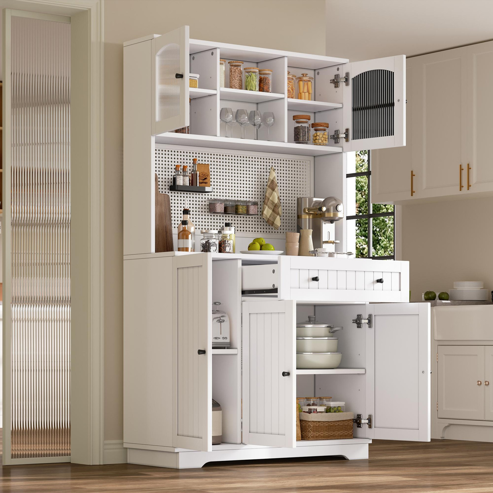 Okwish Keukenkast met glazen deuren, lades en gatenplaat, wit
