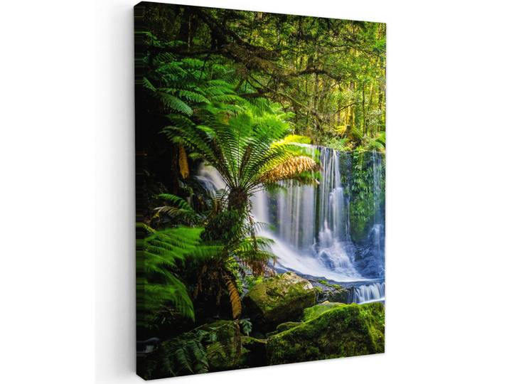 MuchoWow Leinwandbild - Dschungel - Wasserfall - Australien - Pflanzen - Natur - 60x80 - Gemälde, Dunkelgrün, Textil, Kiefer, Abstrakt, Rechteckig, 60x80 cm, gerahmt, Bilder & Rahmen, Bilder, Wandbilder
