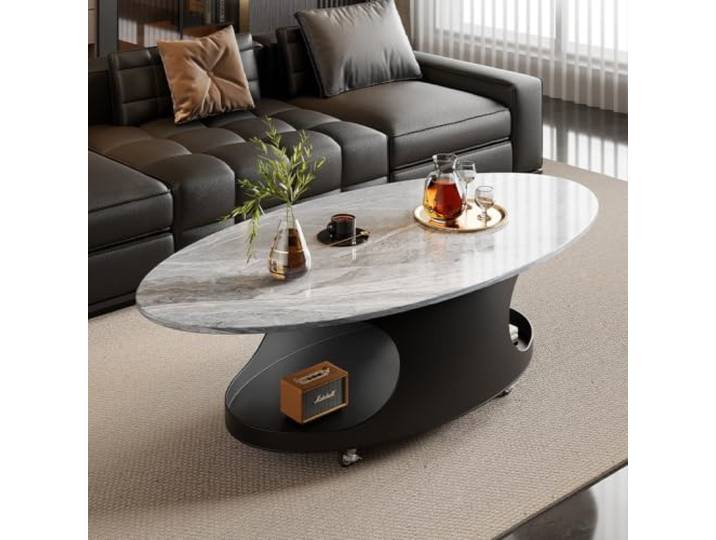 Moderner ovaler Couchtisch mit Rollen und Tischplatte aus Sinterstein Moderner Couchtisch aus Sinterstein mit Stauraum – Premium-Mittelpunkt für exklusive Lounges(D,120cm/47.2in)