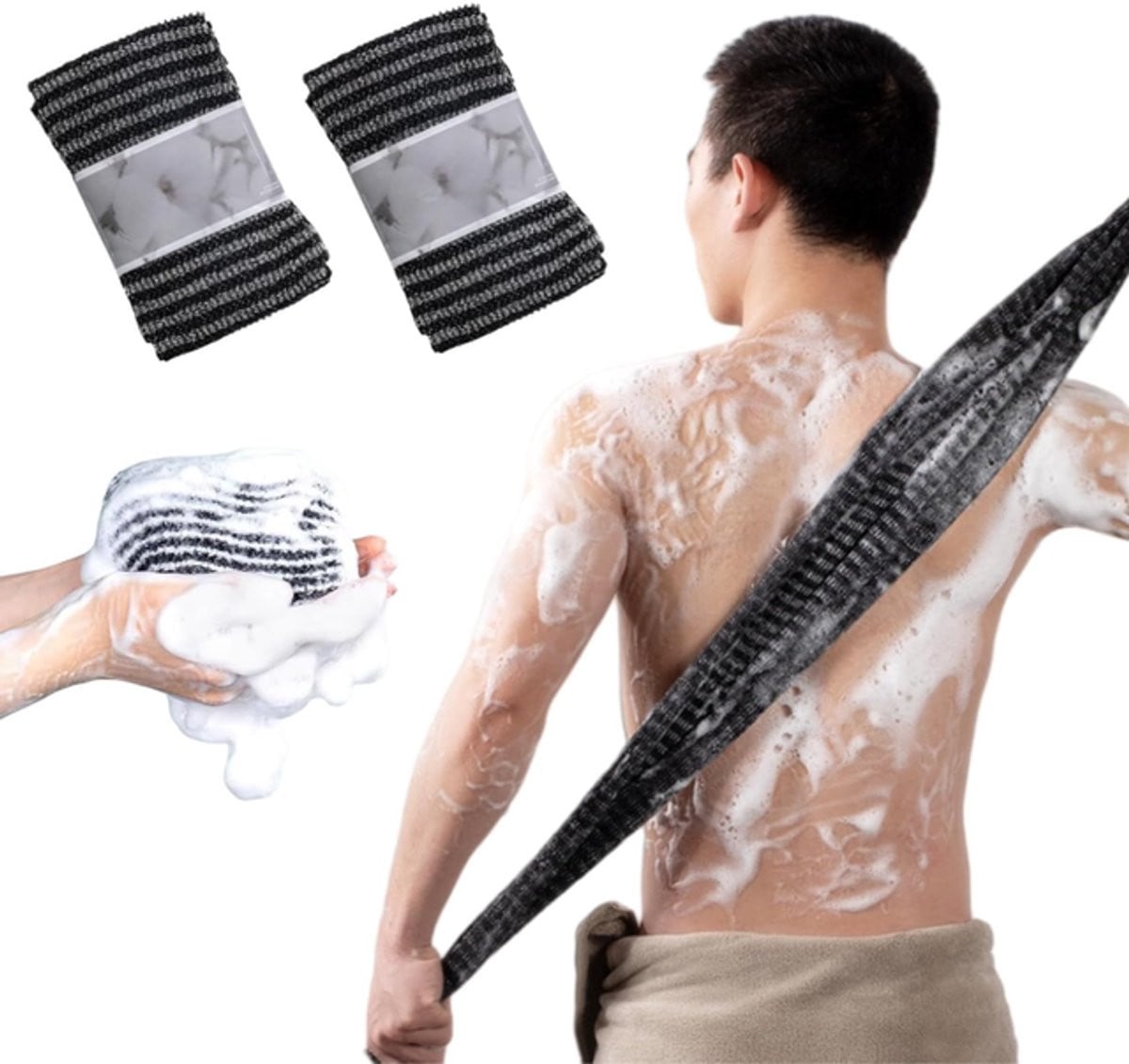 Set van 2 antibacteriële douchescrubs en exfoliërende badhanddoeken voor volwassenen