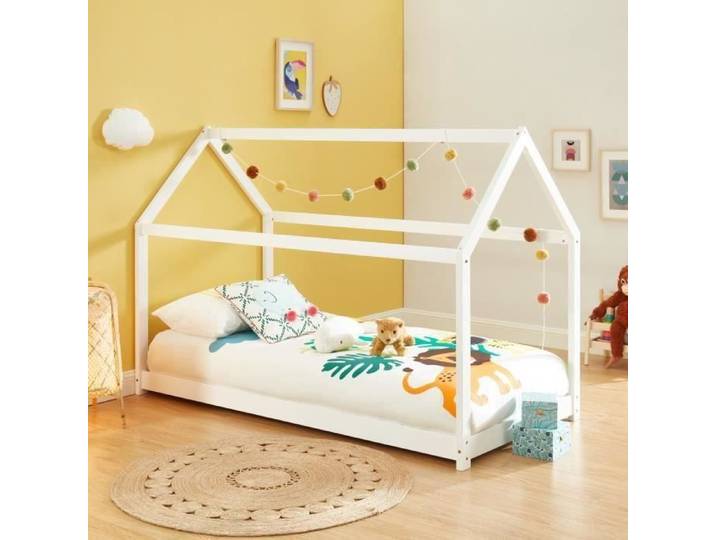 Lit cabane enfant - BAÏTA - Gamme TINY - Pin massif blanc - 90 x 190 sommier inclus
