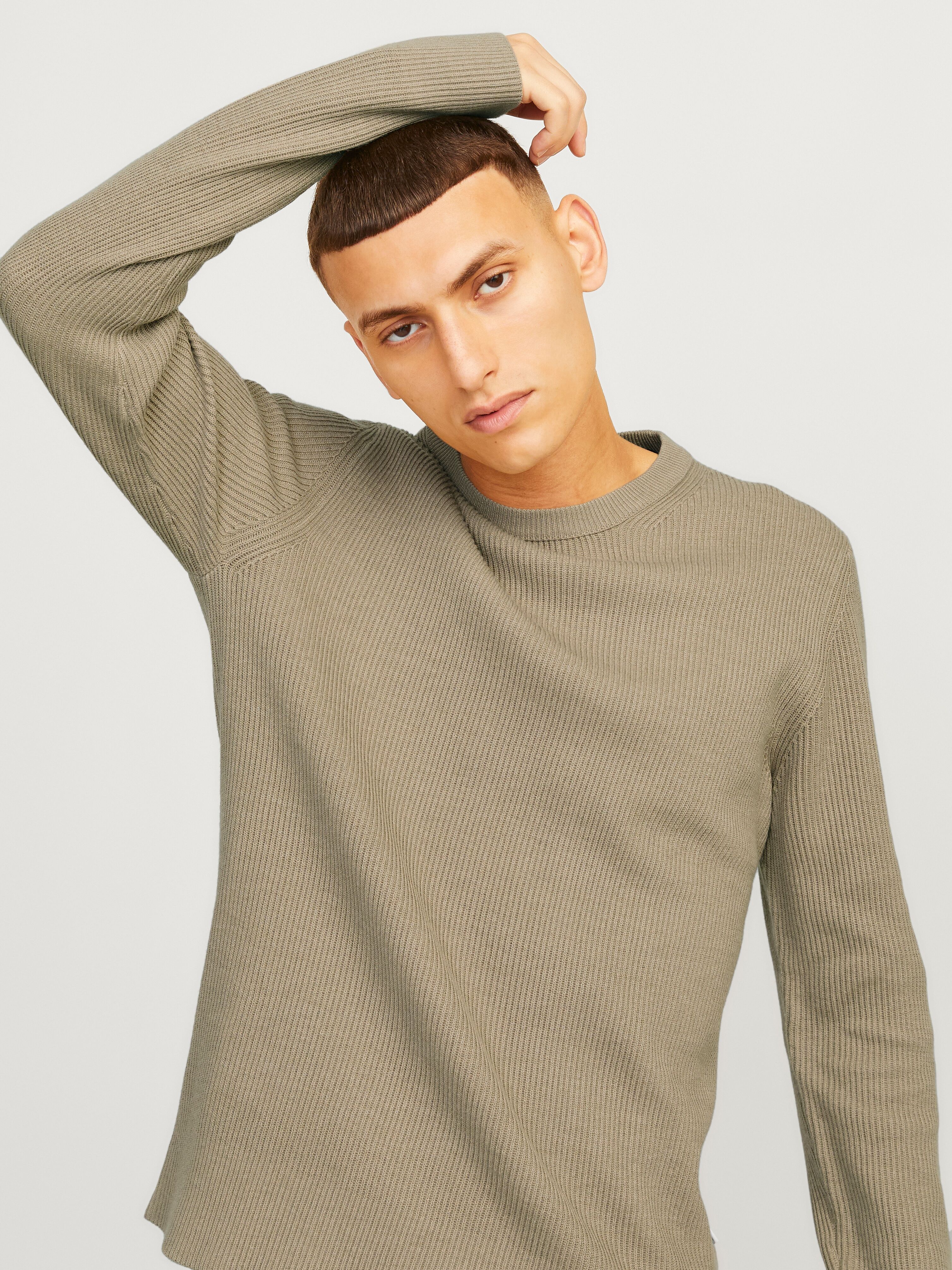 Rundhalspullover JACK & JONES "JJEPERFECT – Pullover mit pflegeleichter Qualität, Structure Fit", Herren, Gr. XL, beige (crockery), Strick, Obermaterial: 50% Baumwolle, 50% Polyester, unifarben, hüftbedeckend, Rundhals, Bündchen, Pullover Rundhalspullover