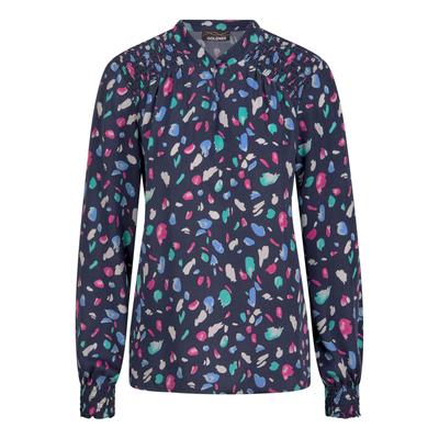 Klassische Bluse GOLDNER "Elegante Satinbluse mit Smok-Details", Damen, Gr. 44, blau (marine, smaragd, gemustert), Obermaterial: 100% Viskose CV., Modisch, Blusen Bluse, Smok-Details