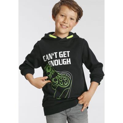 Kapuzensweatshirt KIDSWORLD "CAN´T GET ENOUGH - Spruch", Jungen, Gr. 164/170, schwarz, angeraute Sweatware, Obermaterial: 100% Baumwolle, bedruckt, Basic, Rippbündchen, Sweatshirts, bedrucktes Design, aus Baumwolle
