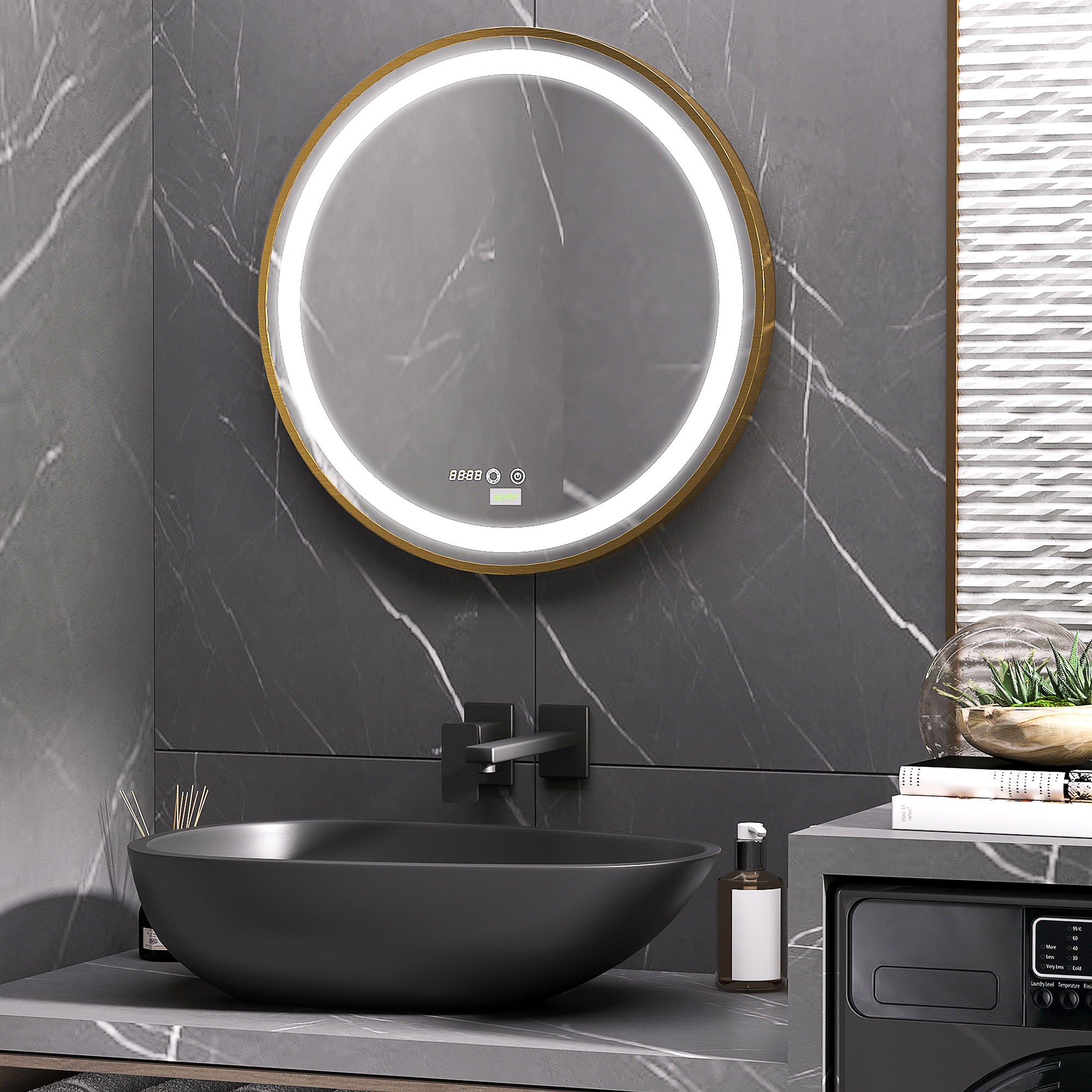 Kleankin Specchio Bagno con Luce LED, Luminosità Regolabile a 3 Tonalità e Funzione Memoria, Ø60 cm, Oro   Aosom Italy