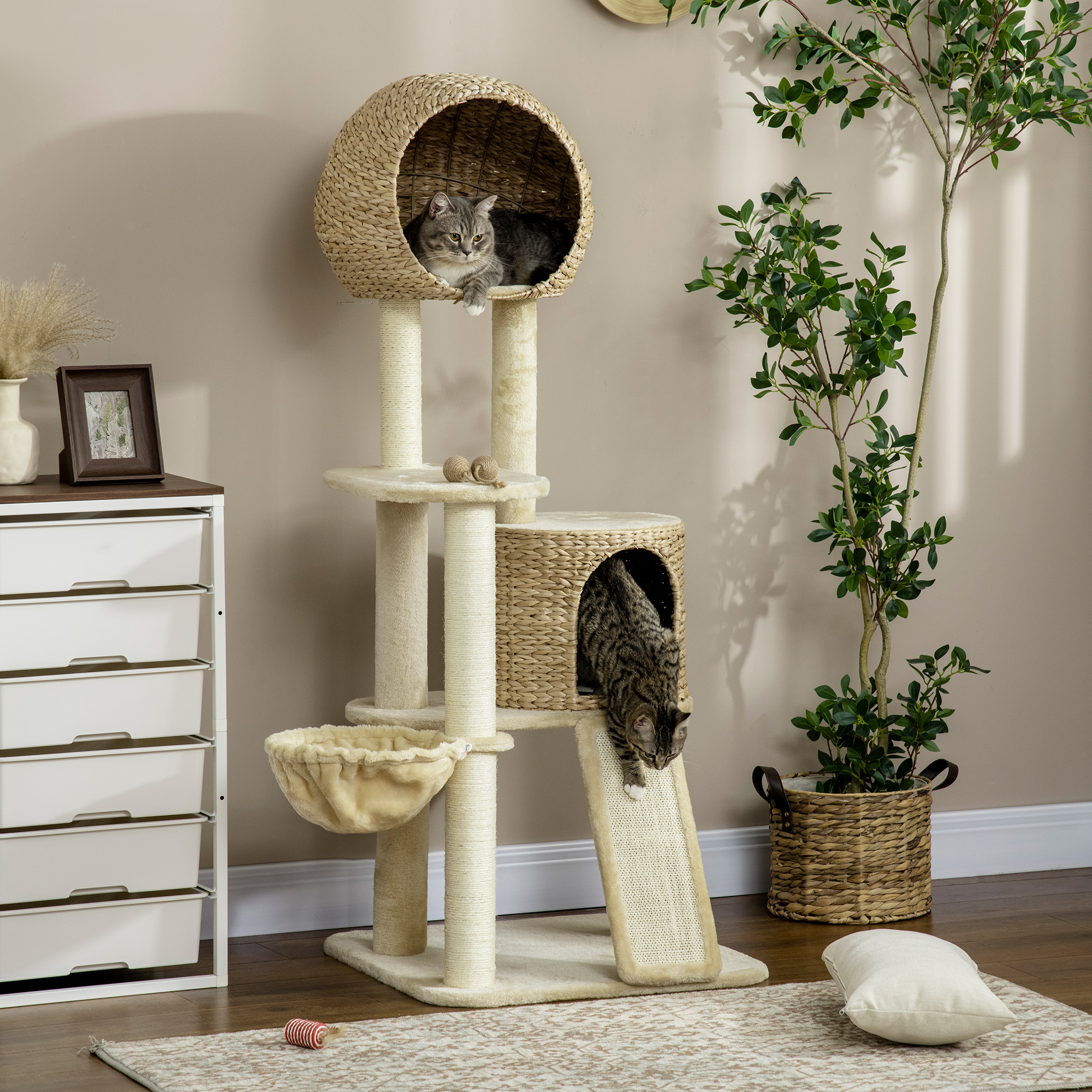 Pawhut Albero per gatti, con casa per gatti, diverse piattaforme, amaca, tappetino per graffiare, dispositivo di sicurezza antiribaltamento, beige, 60 x 60 x 150cm