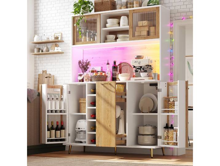 okwish Seitenboard Multifunktions Küchentisch mit Weinregal und Snackregal Aufbewahrungsschrank mit LED-Beleuchtung Highboard integrierte Steckdose Weiß
