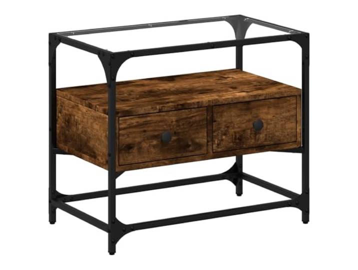 KUPTYERFG TV-Schrank mit Glasplatte Räuchereiche 60x35x51cm Industrieller TV-Ständer mit Glas-Tischplatte und 2 Schubladen für mehr Ordnung im Wohnzimmer oder Schlafzimmer.