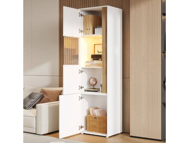 Vitrine LED- meubles de rangement-armoire haute -2 portes- Convient pour les salons-les bureaux et les cuisines-blanc + naturel