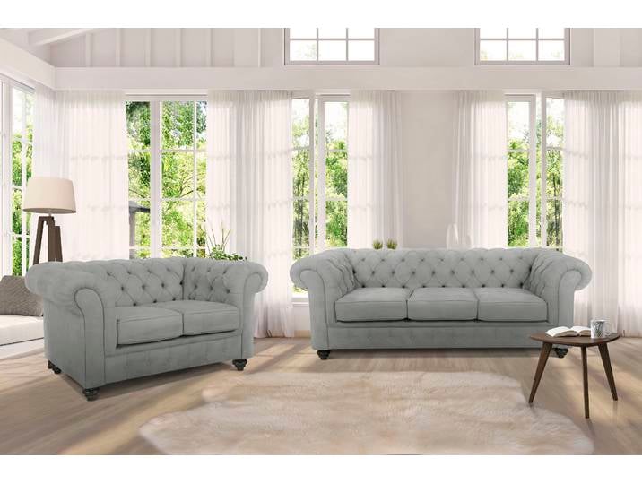 Sitzgruppe HOME AFFAIRE Duc , grau (hellgrau), Samtoptik, Sitzmöbel-Sets, Sitzgruppe, Bestehend aus 2-Sitzer und 3-Sitzer, Knopfheftung im Rücken