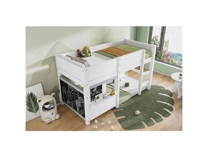 Lit Superposé Pour enfants Lit Superposé 90x200cm avec Petite BibliothèQue Lit Simple avec deux Tableaux de Graffitis Blanc