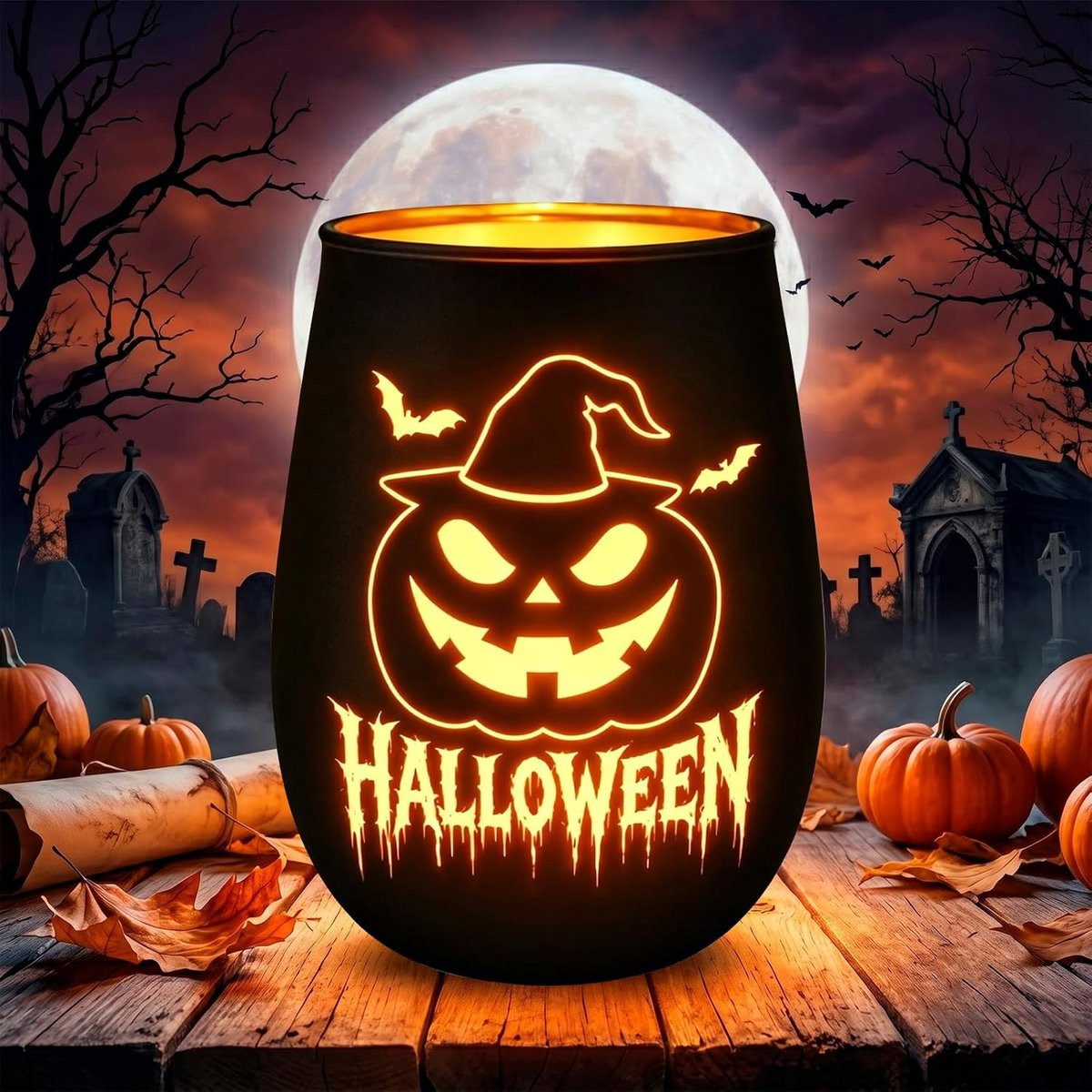 Halloween windlicht van glas voor griezelige tafeldecoratie