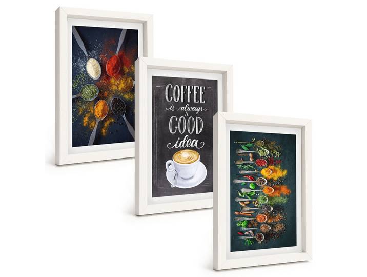 BILDER SET 3er Set - 20x30 cm Weißer Rahmen - Gewürze, Kaffee, Kräuter, Muster