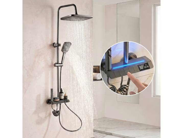 Colonne De Douche Avec Affichage Température Led – Ensemble De Douche Mural Avec Pommeau Pluie 30x20cm Et Douchette Gris Anthracite