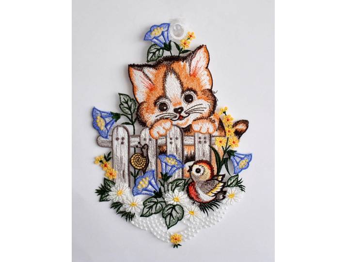 Fensterbild STICKEREIEN PLAUEN Katze am Zaun , bunt, B:20cm H:29cm, Polyester, Fensterbilder, Fensterbild