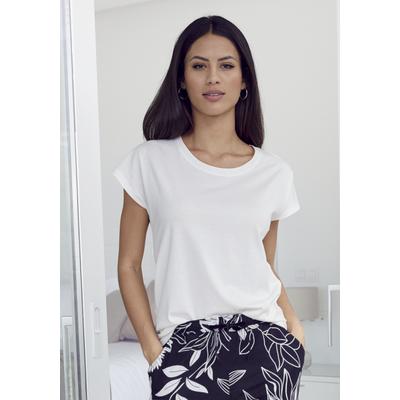 Pyjamaoberteil LASCANA, Damen, Gr. 32/34, beige (ecru), Single Jersey, Obermaterial: 50% Baumwolle, 50% Viskose, unifarben, Basic, bequem hüftlang, Rundhals, angeschnitten Overlocknaht, Shirts, in Unifarben