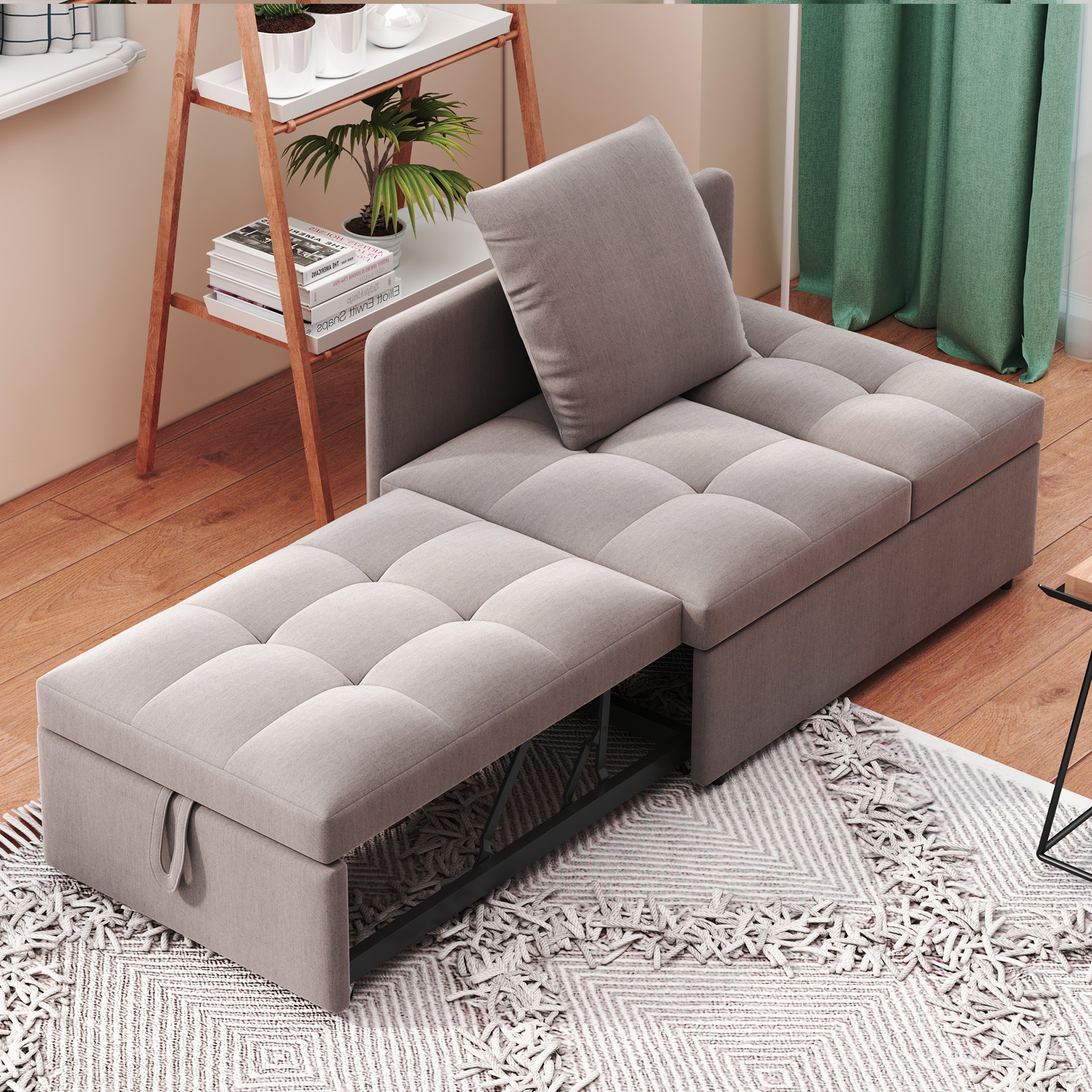 MODFU Slaapbank 3-in-1 met 5-voudig verstelbare rugleuning, multifunctionele loungefauteuil en eenpersoonsbed, grijs