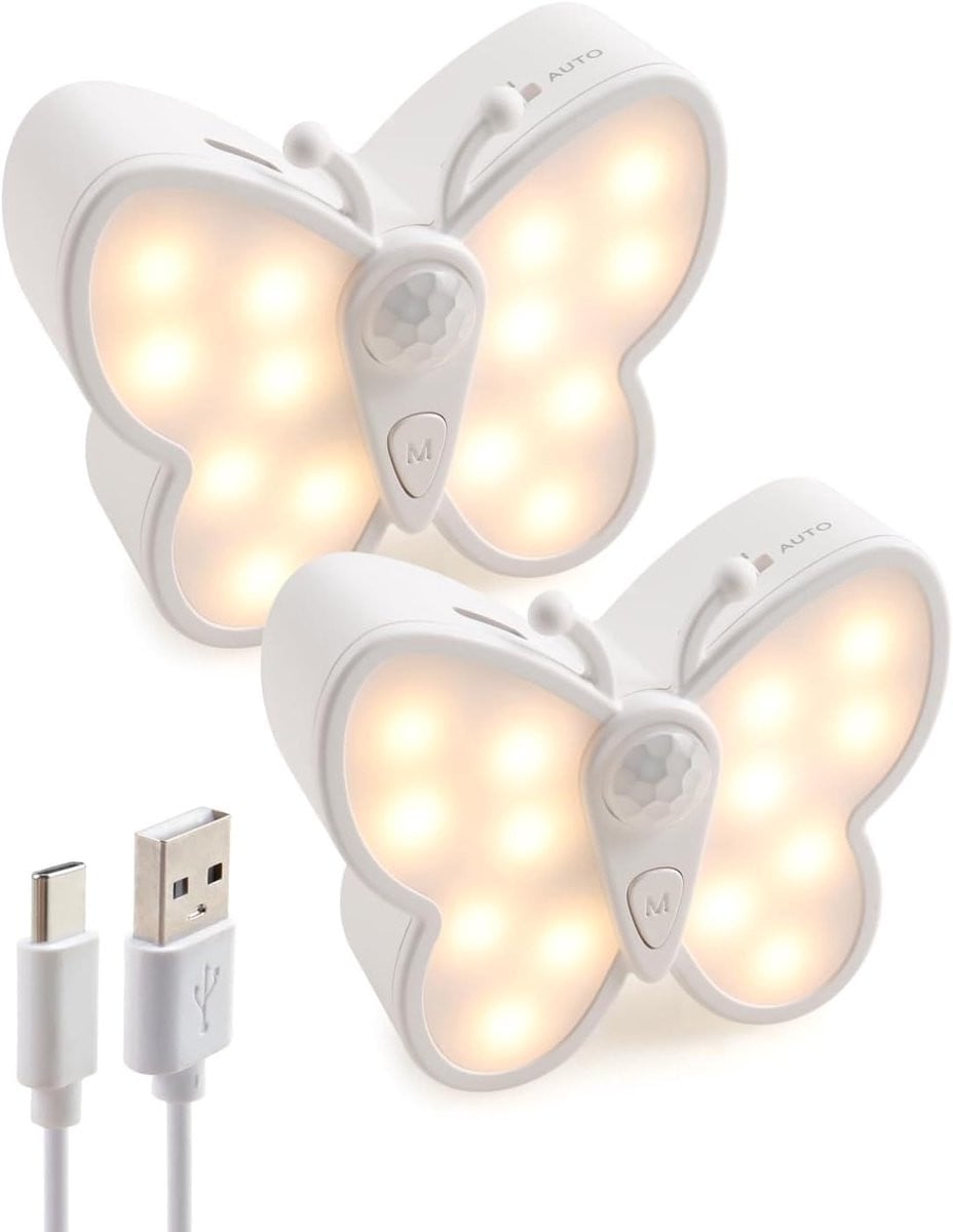 Set van 2 witte LED-nachtlampjes met bewegingssensor en oplaadbare batterij voor trapverlichting en kastverlichting