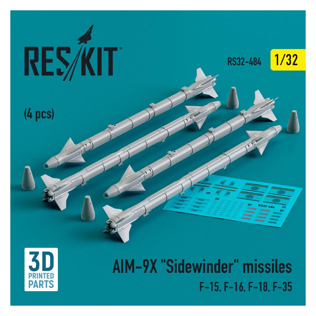ResKit AIM-9X Sidewinder missiles (4 pcs) (F-15, F-16, F-18, F-35) (3D Printed) (RS32-0484)
