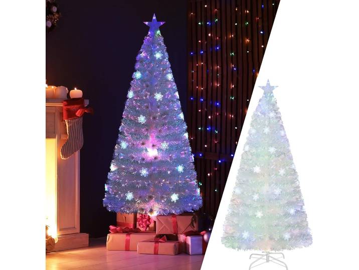 COSTWAY Weihnachtsbaum Künstlich mit Beleuchtung, Tannenbaum mit bunten LED-Lichtern & Glasfaser & Sternspitze, Christbaum für Zuhause Büro Geschäfte Hotels, Weiß (180 cm)