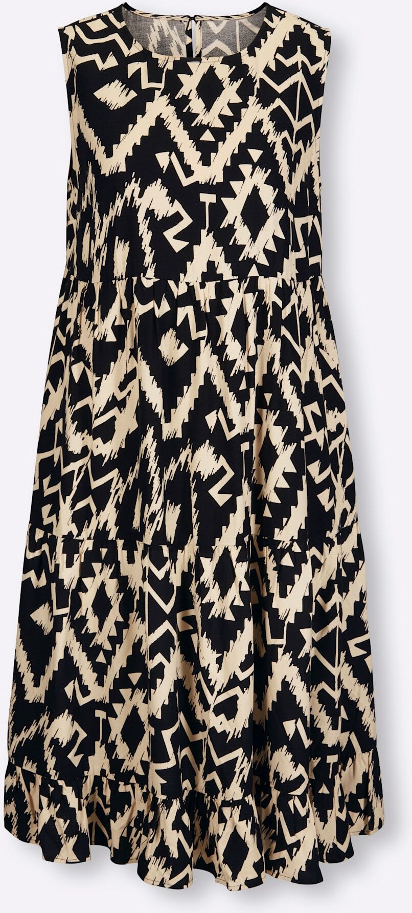 Druckkleid HEINE "Druck-Kleid", Damen, Gr. 40, Normalgrössen, ohne Ärmel, schwarz (schwarz, champagner, gemustert), 100% Viskose, bedruckt, ethno, gemustert, knielang, Rundhals, Kleider Druckkleid schwarz, champagner, gemustert 40, Normalgrössen, ohne Ärm
