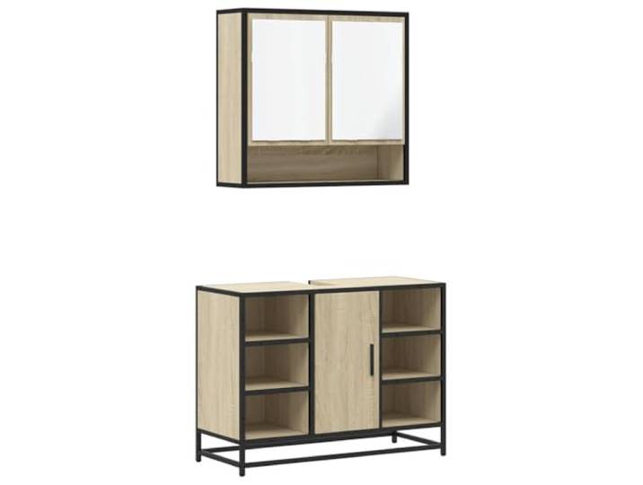 POUFGDR Badezimmermöbel-Set, 2-teilig, Eiche Sonoma Schrank und Spiegel, Holz, Metallrahmen, Industriestil, Toilettenaufbewahrung, Wandbefestigung im Lieferumfang enthalten