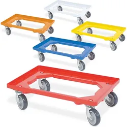 BRB Set, 5x Logistikroller/Kistenroller für Behälter 600 x 400 mm, je 1 Roller in blau, gelb, orange, rot, weiß