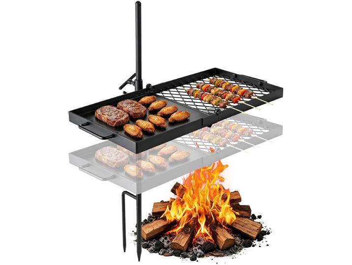 VEVOR draaibare campinggrill met 61 cm koolstofstalen grillrooster\, 360° in hoogte verstelbare draaibare grill met grillstandaard\, draaibare buitengrill voor open vuur\, kamperen en tuinieren\, zwart