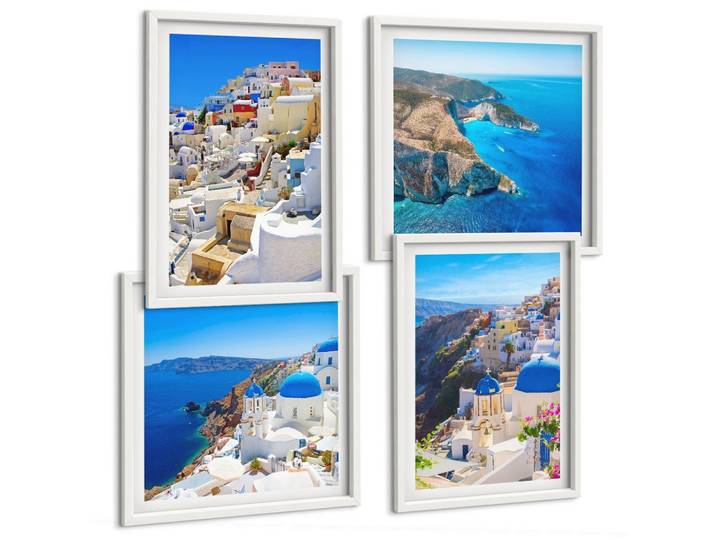 BILDER SET 4er Set - 50x50 cm & 40x60 cm Weißer Rahmen - Architekturlandschaft Oia Santorin Griechenland