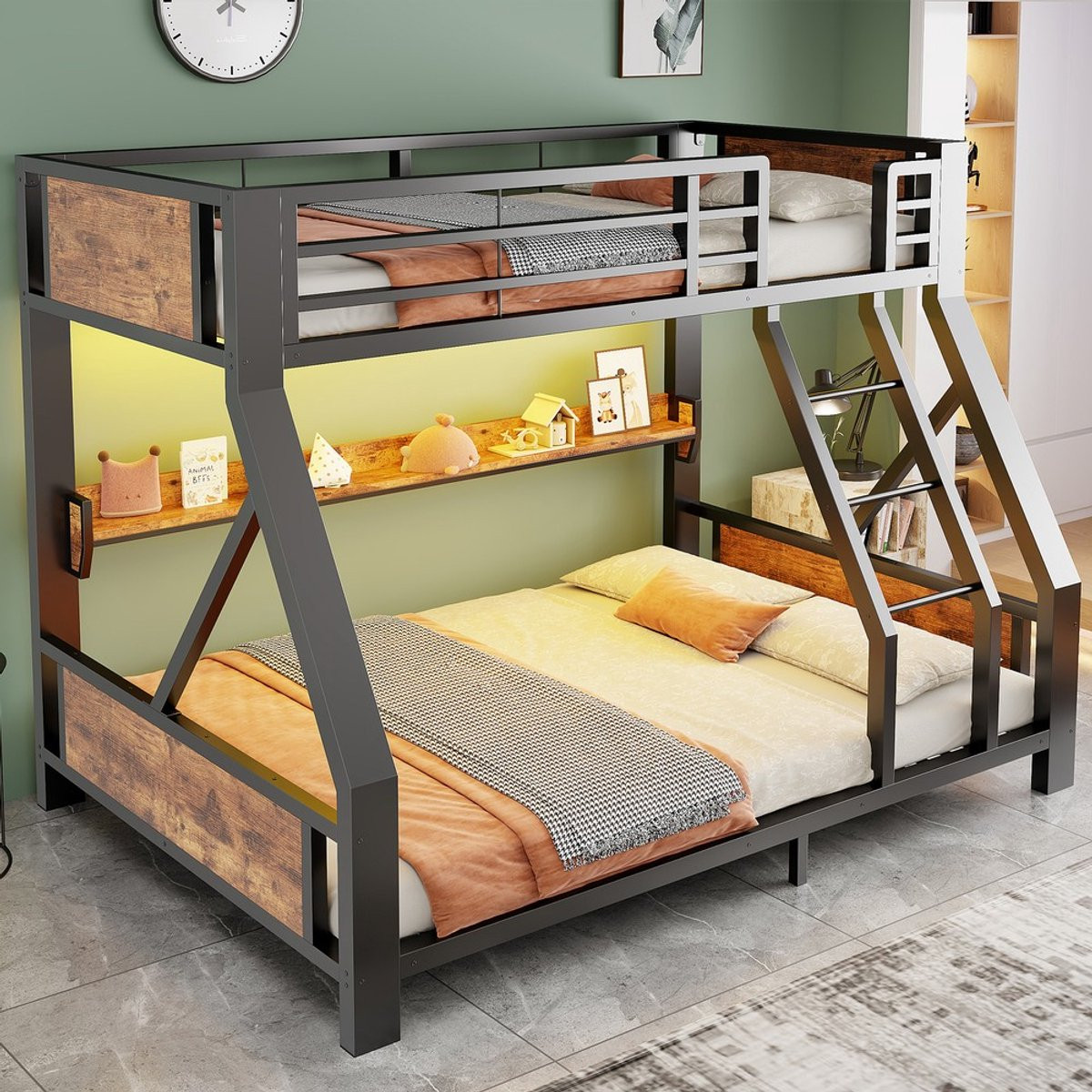 Pugsdrly Metalen stapelbed met LED-verlichting en opbergvak, zwart, 90x200 / 140x200 cm