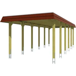 Skan Holz Walmdach Carport-345x893-rote Blende-imprägniert (farblich unbehandelt) Holzcarport