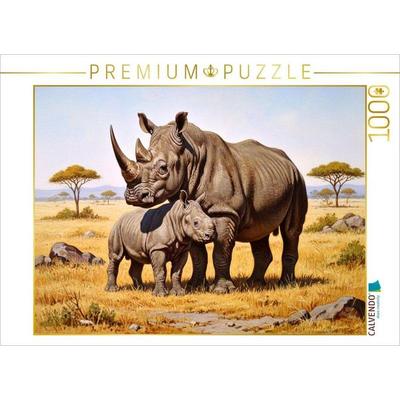 CALVENDO Puzzle Nashorn mit Jungtier als Gemälde | 1000 Teile Lege-Größe 64x48cm Foto-Puzzle für glückliche Stunden