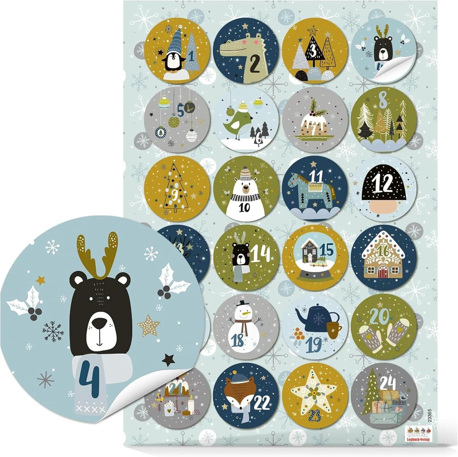 oCreon Set van 24 ronde cijferstickers met dieren voor DIY adventskalender 1-24