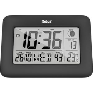 Mebus Wanduhr 46732, Kunststoff, digital, Funkuhr, 23 x 16 cm, schwarz, mit Thermometer & Datumsanzeige, lautlos