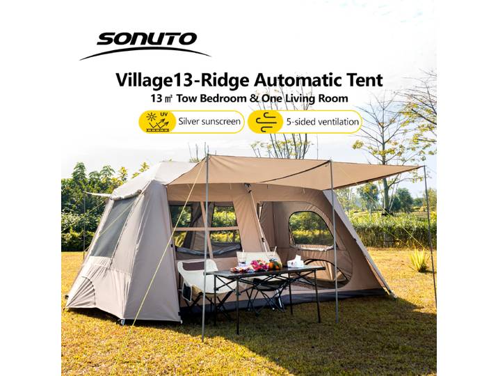 Grande tente de camping automatique Sonuto pour 3 à 8 personnes, installation rapide, double hall, avec auvent pour les aventures familiales en plein air