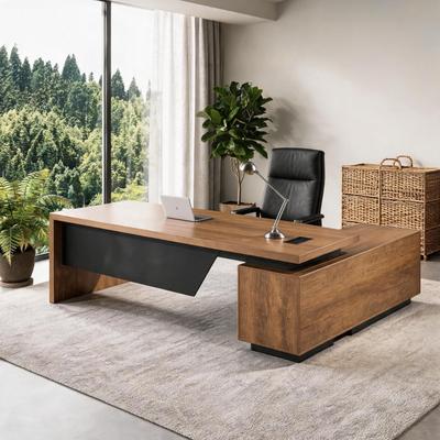 WESOME Retractable L-Shaped Executive Desk with Cable Management Drawers and Lateral File Cabinet